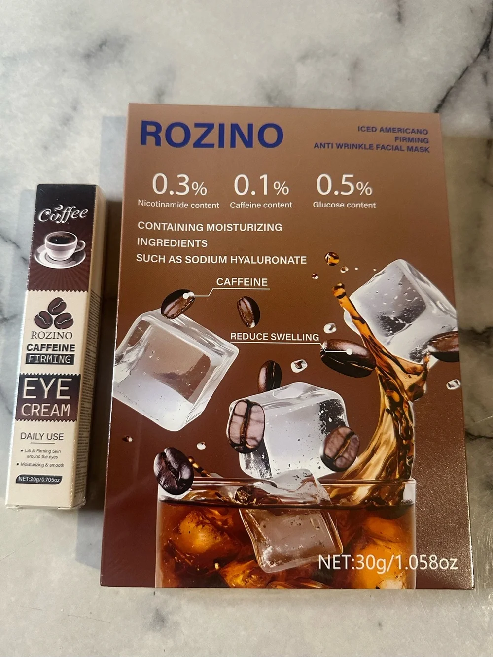 Box of Iced Americano Firming Anti-Wrinkle Facial Mask & Caffeine eye cream